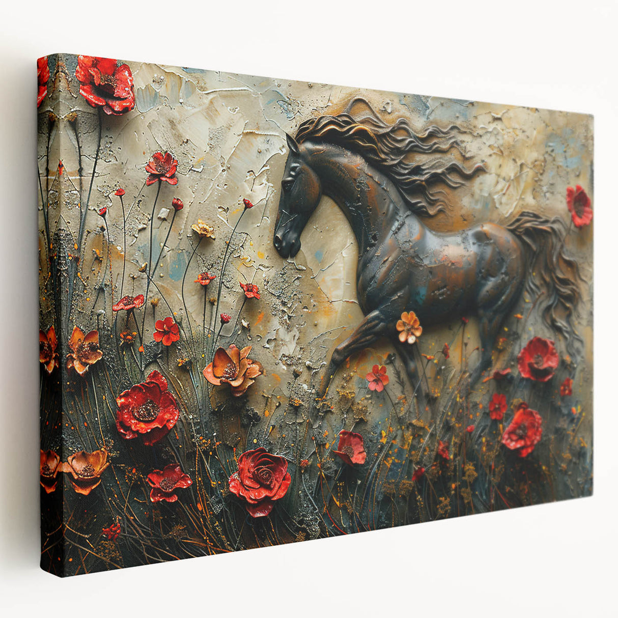 Stretched canvas wall art featuring a side view of a majestic horse in a natural setting, showcasing intricate details and vibrant colors, perfect for animal lovers.