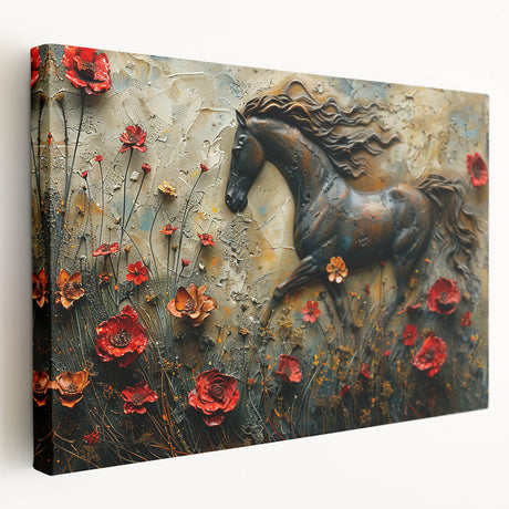 Stretched canvas wall art featuring a side view of a majestic horse in a natural setting, showcasing intricate details and vibrant colors, perfect for animal lovers.