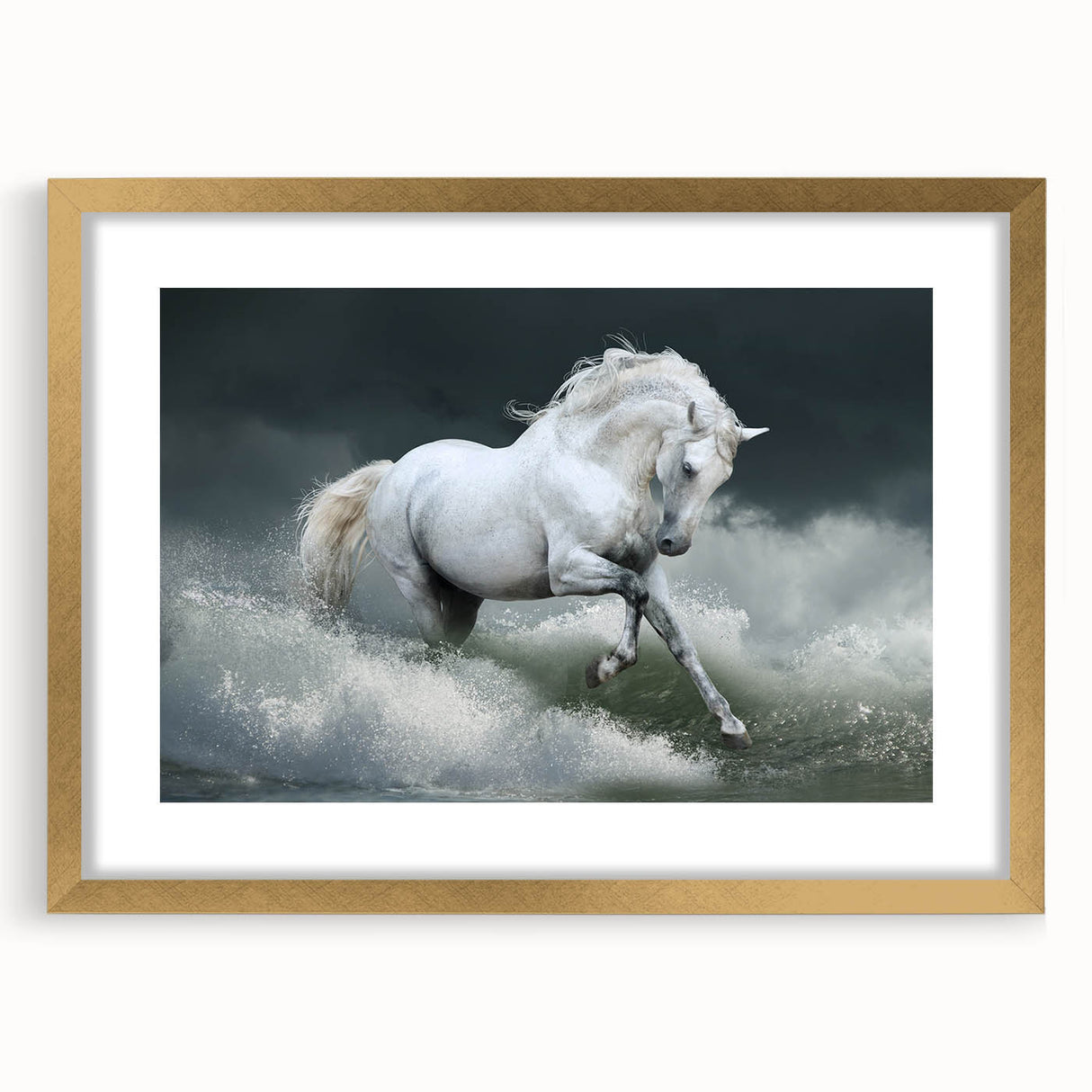 Gold-framed wall art showcasing a stunning horse design, perfect for wildlife enthusiasts, with a sleek mat finish enhancing its elegance, ideal for home decor.
