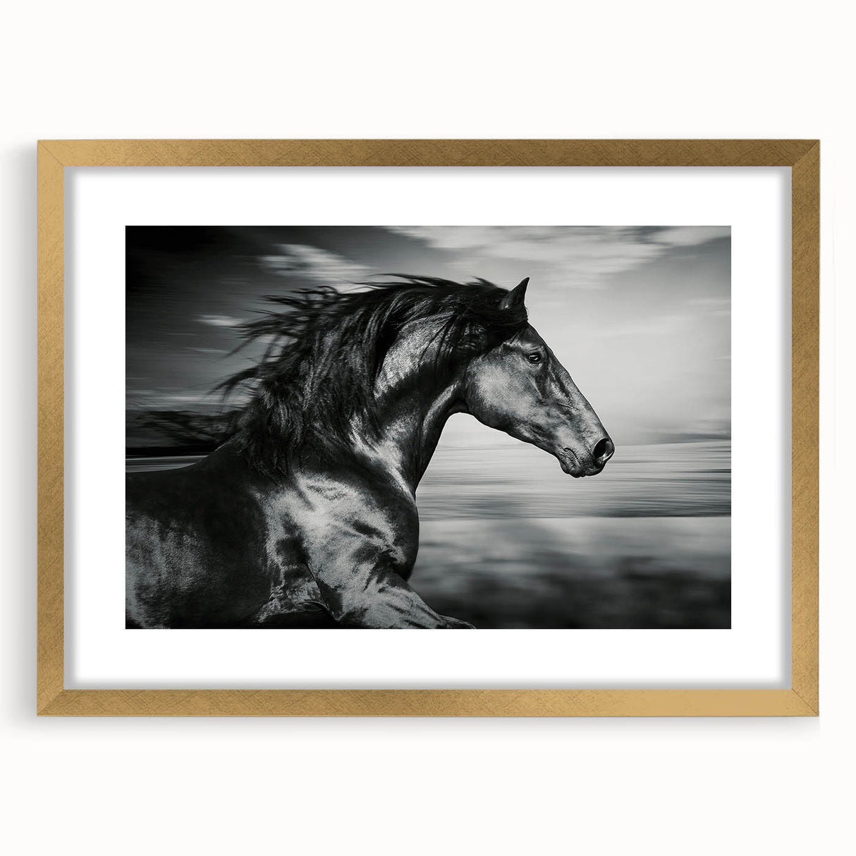 Framed wall art featuring a majestic wild horse design in gold tones, elegantly matted, showcasing intricate details and textures, perfect for home decor.