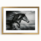 Framed wall art featuring a majestic wild horse design in gold tones, elegantly matted, showcasing intricate details and textures, perfect for home decor.