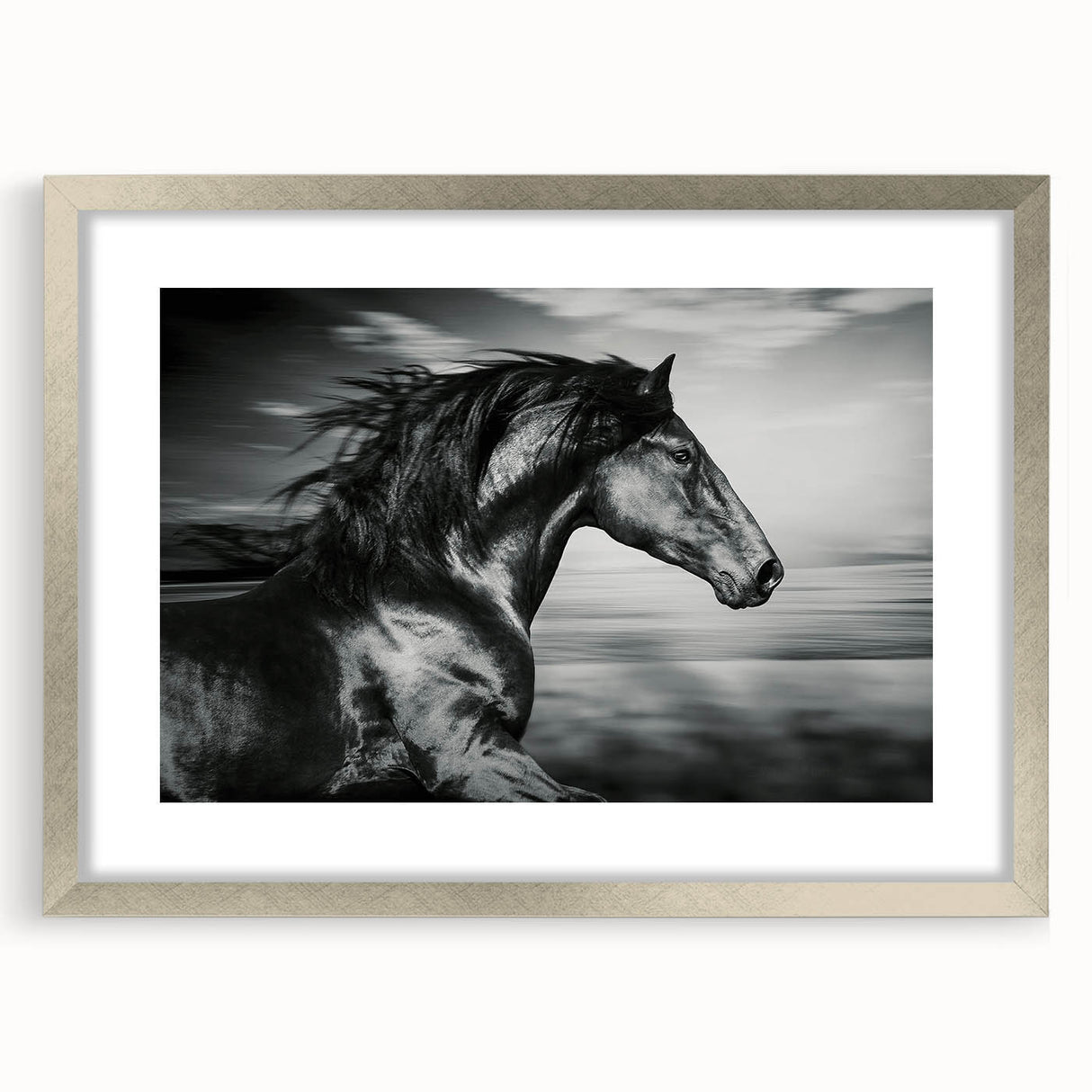 Framed wall art featuring a stunning horse design from the "Animals A Wild Life" collection, presented in a sleek silver frame with a white mat, ideal for enhancing home decor.