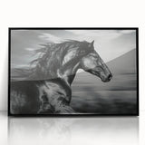 Framed acrylic wall art showcasing a striking horse design in black, set against a minimalist background, perfect for enhancing modern decor in living spaces.