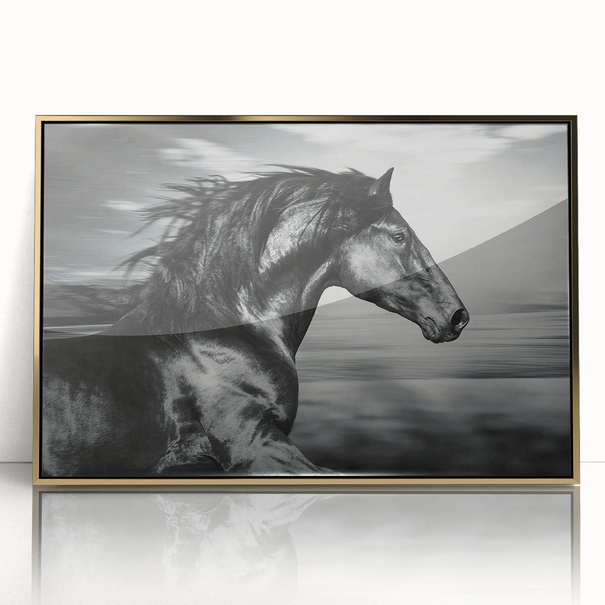 Framed wall art featuring a stunning gold-accented horse design in a wild landscape, ideal for equestrian enthusiasts and modern decor. This acrylic piece adds elegance to any room.