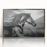 Framed wall art featuring a stunning gold-accented horse design in a wild landscape, ideal for equestrian enthusiasts and modern decor. This acrylic piece adds elegance to any room.