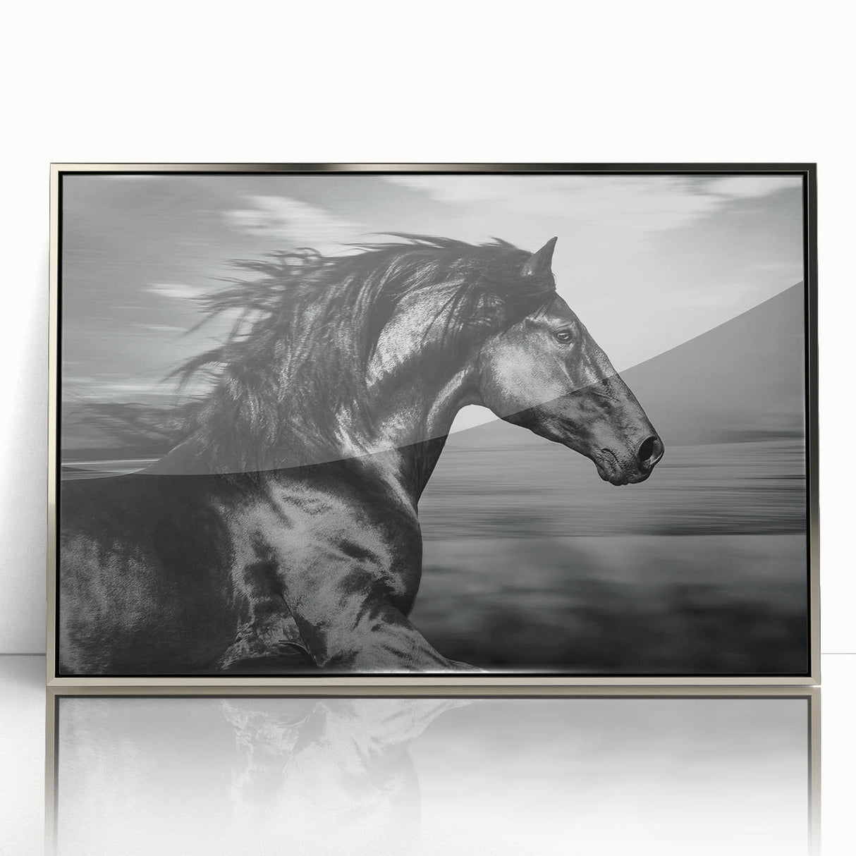 Framed wall art featuring a striking silver-accented horse design, set against a minimalist background, perfect for elevating contemporary decor with a touch of nature.
