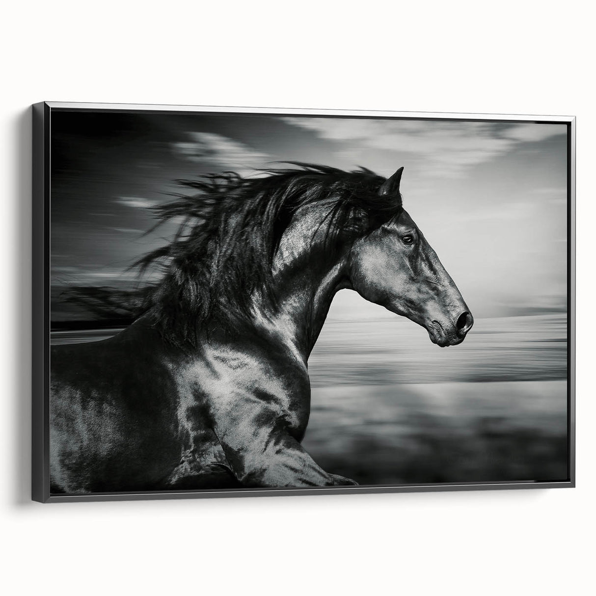Framed canvas wall art featuring a stunning black horse design, showcasing intricate details and textures, perfect for animal lovers and home decor enthusiasts.