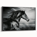 Framed canvas wall art featuring a stunning black horse design, showcasing intricate details and textures, perfect for animal lovers and home decor enthusiasts.