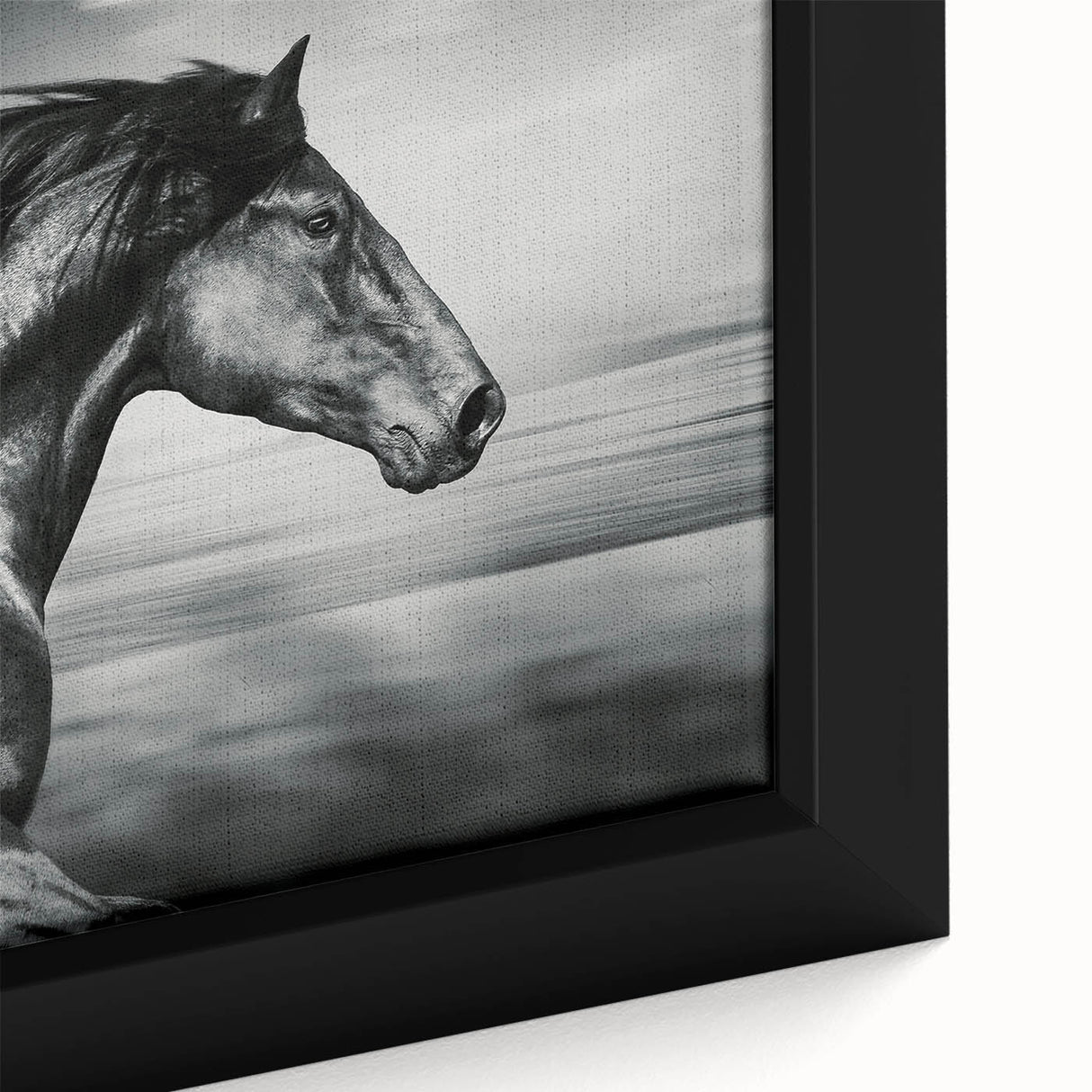 Close-up of a framed canvas wall art featuring a majestic wild horse design, showcasing intricate details and vibrant colors, perfect for animal lovers and home decor.