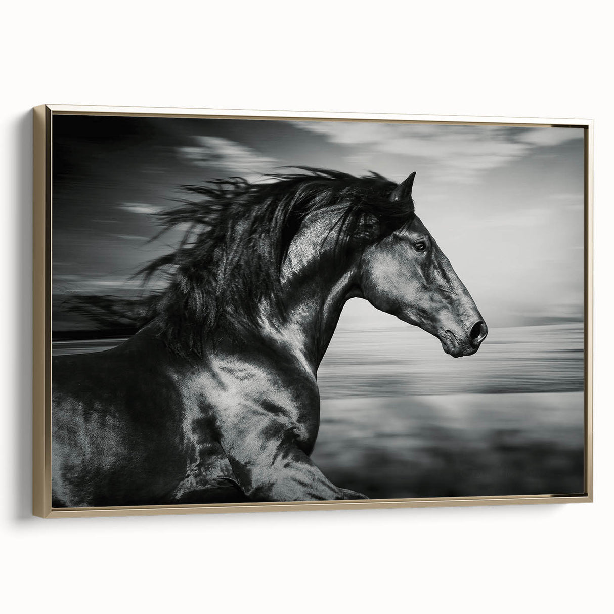 Framed canvas art showcasing a majestic horse in profile, surrounded by a gold frame. This elegant wall decor captures the beauty of wildlife, enhancing any interior space with its artistic representation of nature.