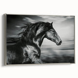 Framed canvas wall art depicting a striking silver horse design in profile, showcasing intricate details and textures, perfect for animal lovers and modern decor.