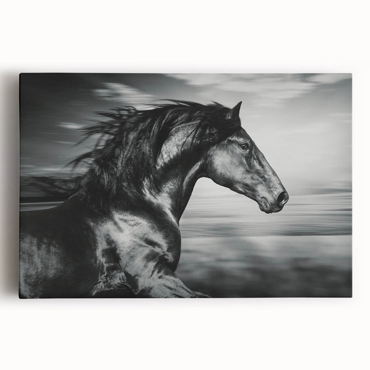 Stretched canvas wall art featuring a striking front view of a wild horse, showcasing rich colors and intricate details, perfect for animal lovers and home decor.