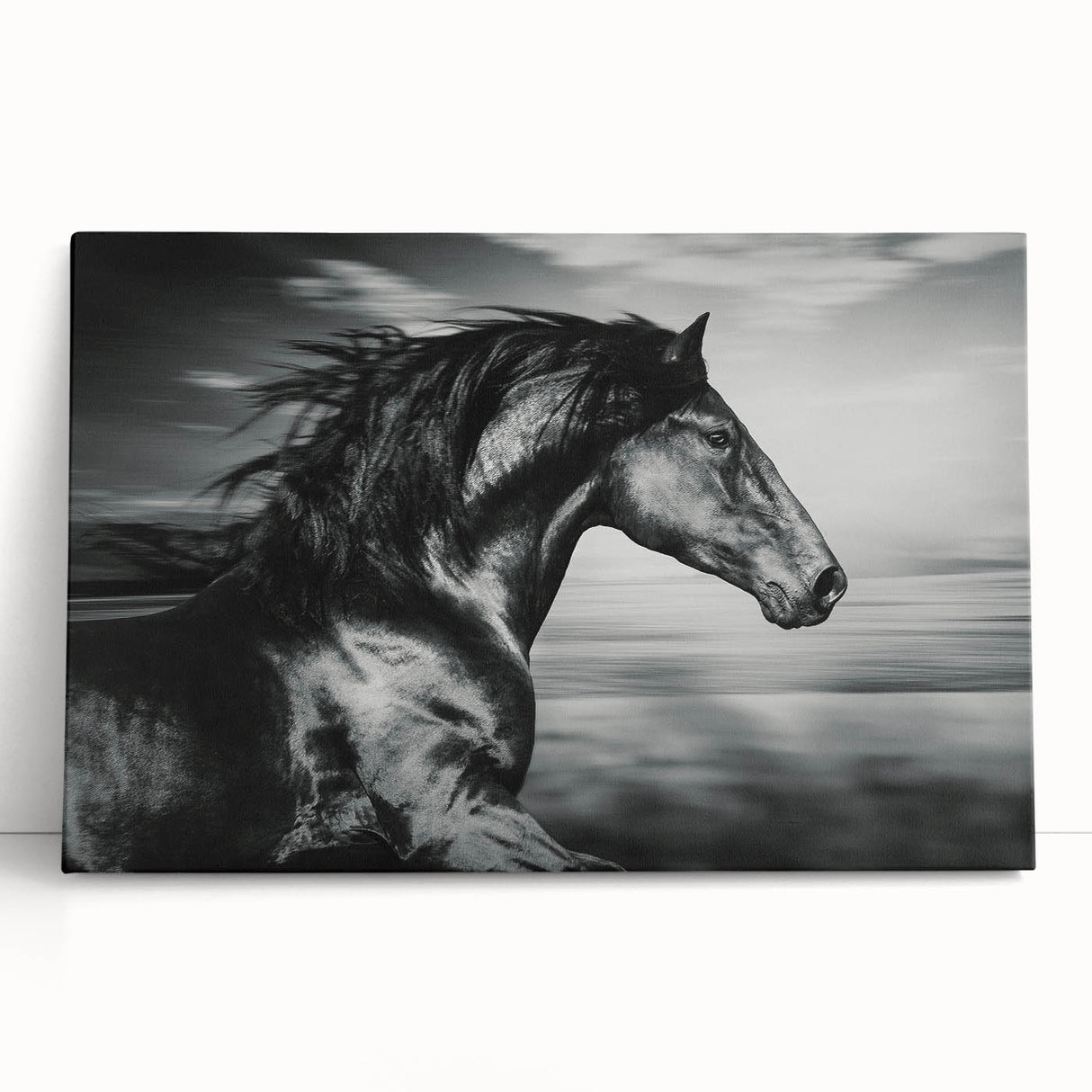 Stretched canvas wall art featuring a majestic horse design, showcasing vibrant colors and intricate details, perfect for adding a touch of nature-inspired elegance to any space.