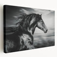 Stretched canvas wall art featuring a side view of a majestic horse in a serene natural landscape, showcasing vibrant colors and detailed textures, perfect for equine enthusiasts.