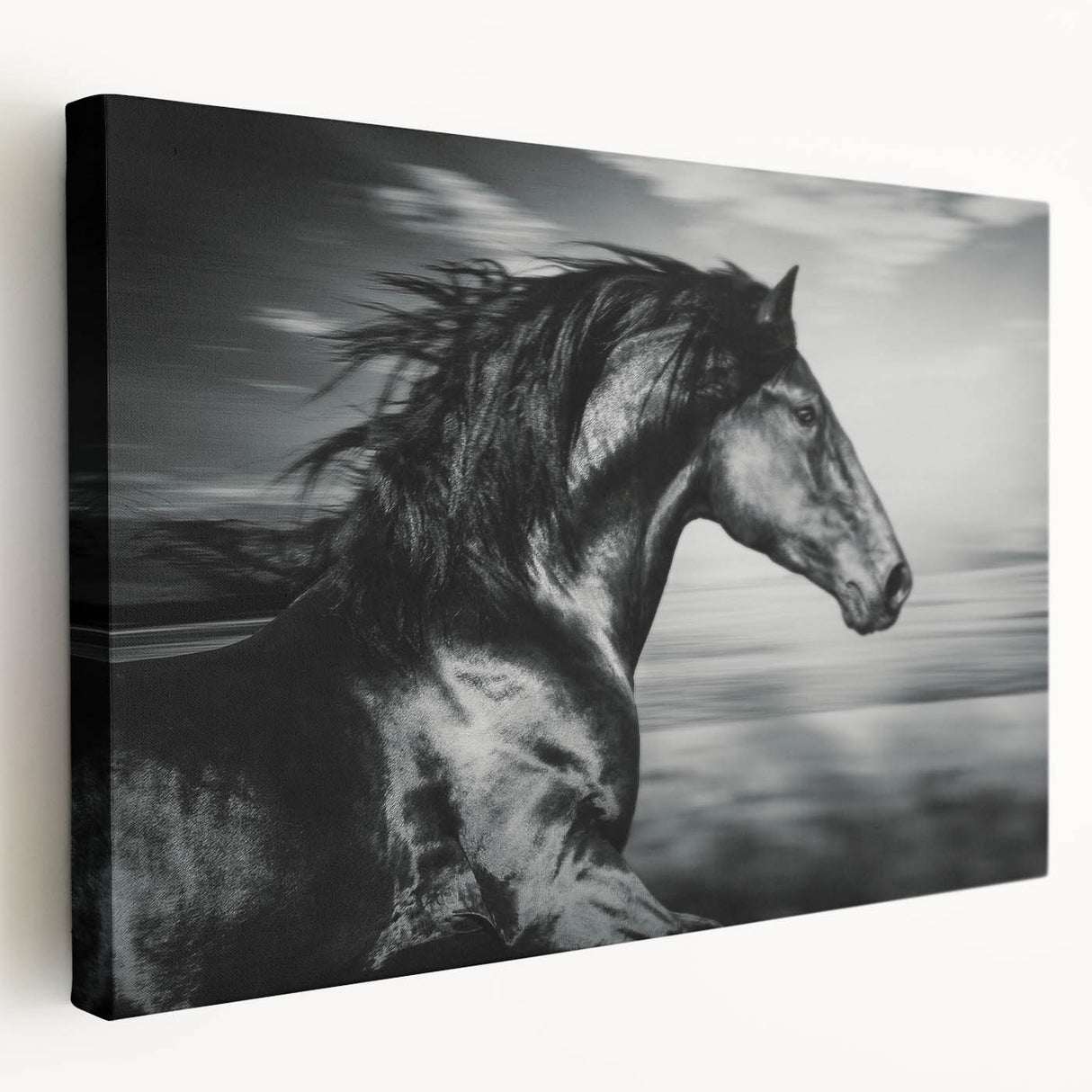 Stretched canvas wall art featuring a side view of a majestic horse in a serene natural landscape, showcasing vibrant colors and detailed textures, perfect for equine enthusiasts.