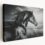 Stretched canvas wall art featuring a side view of a majestic horse in a serene natural landscape, showcasing vibrant colors and detailed textures, perfect for equine enthusiasts.