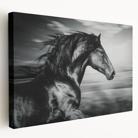 Stretched canvas wall art featuring a side view of a majestic horse in a serene natural landscape, showcasing vibrant colors and detailed textures, perfect for equine enthusiasts.