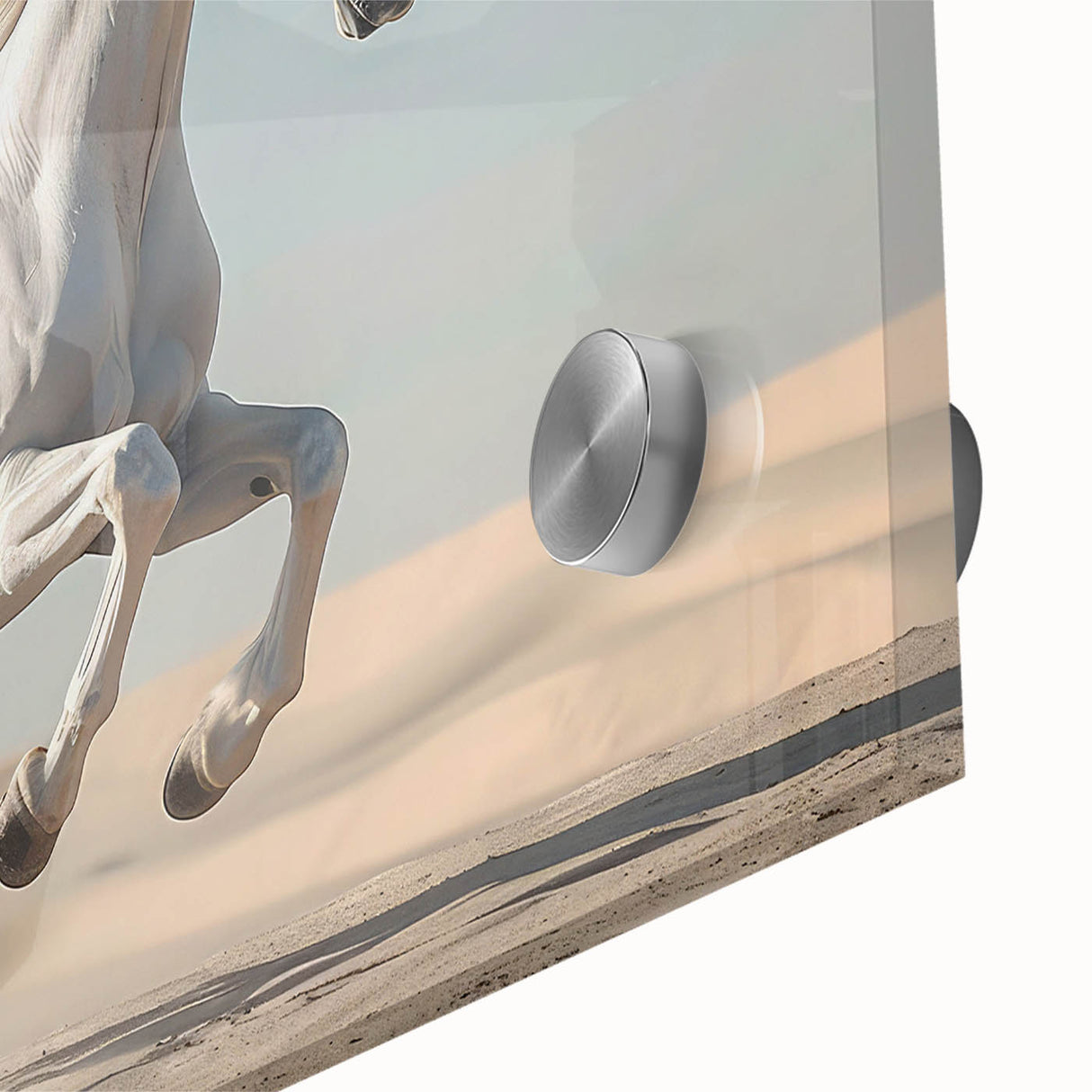 Close-up of a striking acrylic glass wall art piece showcasing a wild horse design, featuring vibrant colors and intricate details, perfect for animal lovers and home decor enthusiasts.