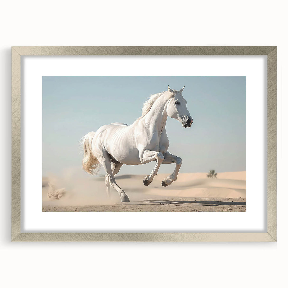 Silver-framed wall art showcasing a stunning horse design from the "Animals: A Wild Life" collection, highlighted by a white mat, ideal for nature-themed decor.