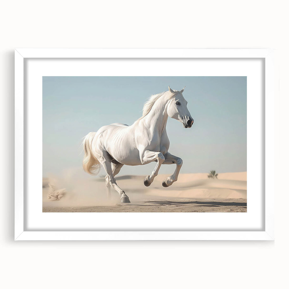 Framed wall art featuring a serene horse design in a white mat, showcasing an elegant and tranquil aesthetic, perfect for nature lovers and home decor enthusiasts.