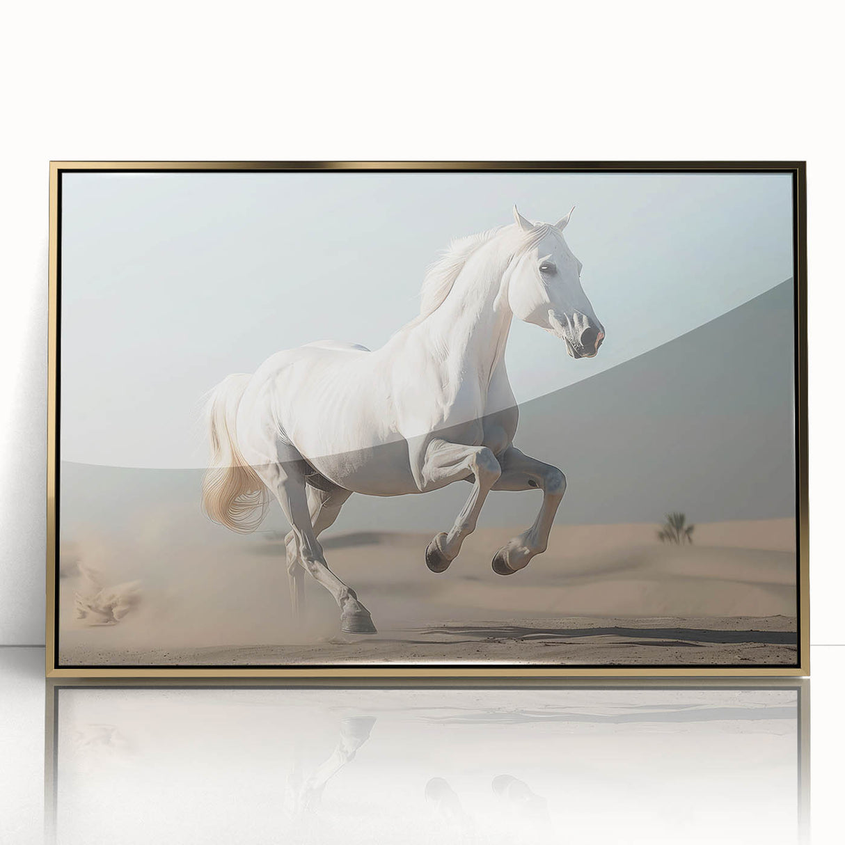 Framed wall art featuring a majestic horse design in gold accents, showcasing a front view with intricate details against a minimalist background, perfect for animal lovers.