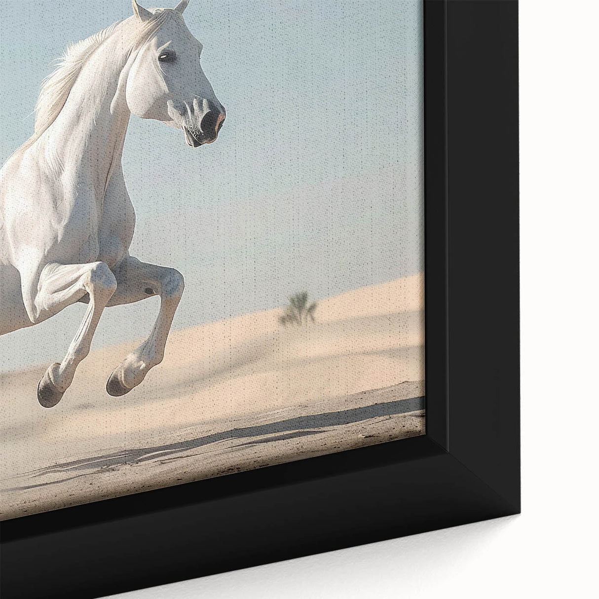 Close-up of a framed canvas wall art piece depicting a striking wild horse design, showcasing vibrant colors and intricate details, perfect for nature lovers and equestrian enthusiasts.