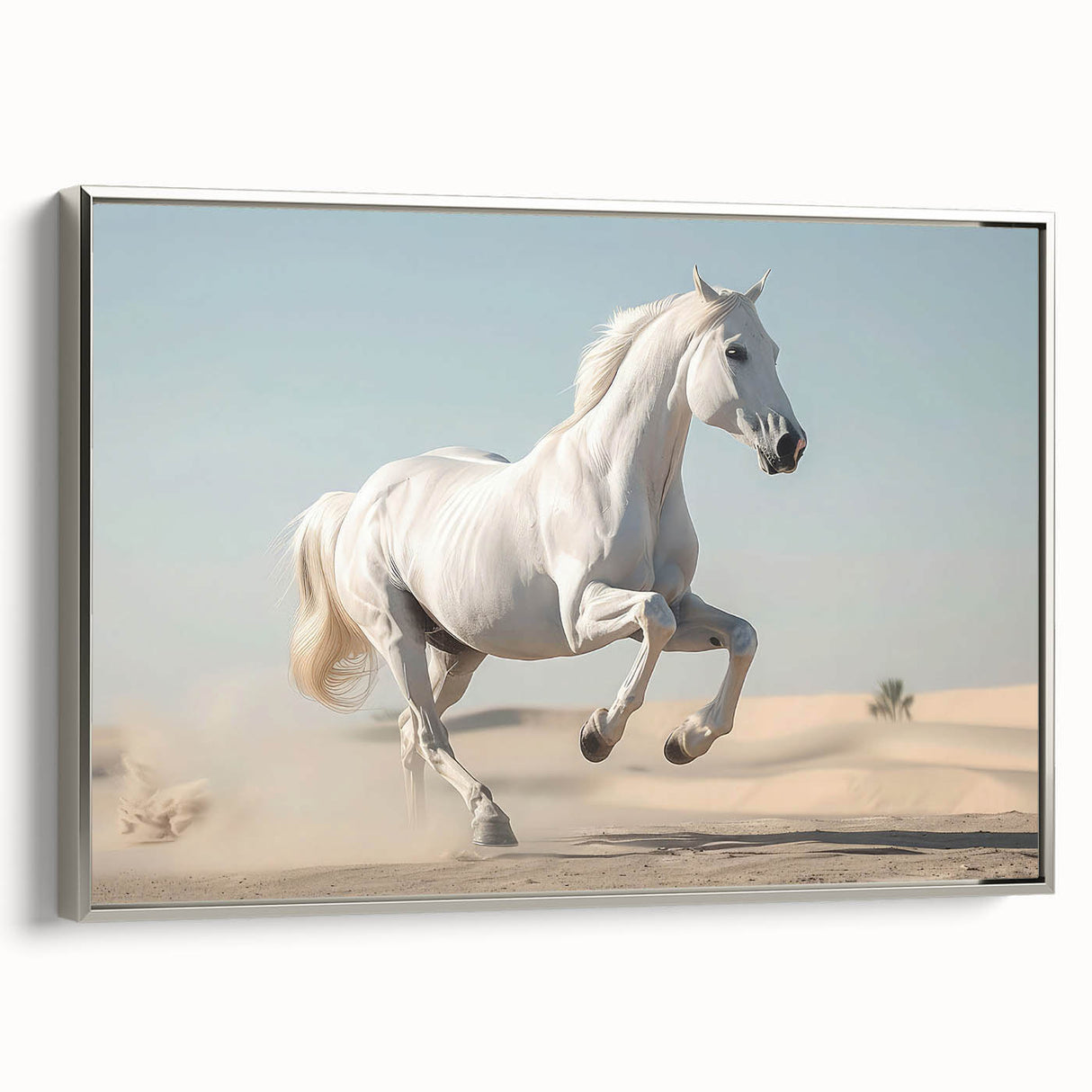 Framed wall art featuring a graceful silver horse design in profile, showcasing intricate details and textures, ideal for equestrian-themed decor.