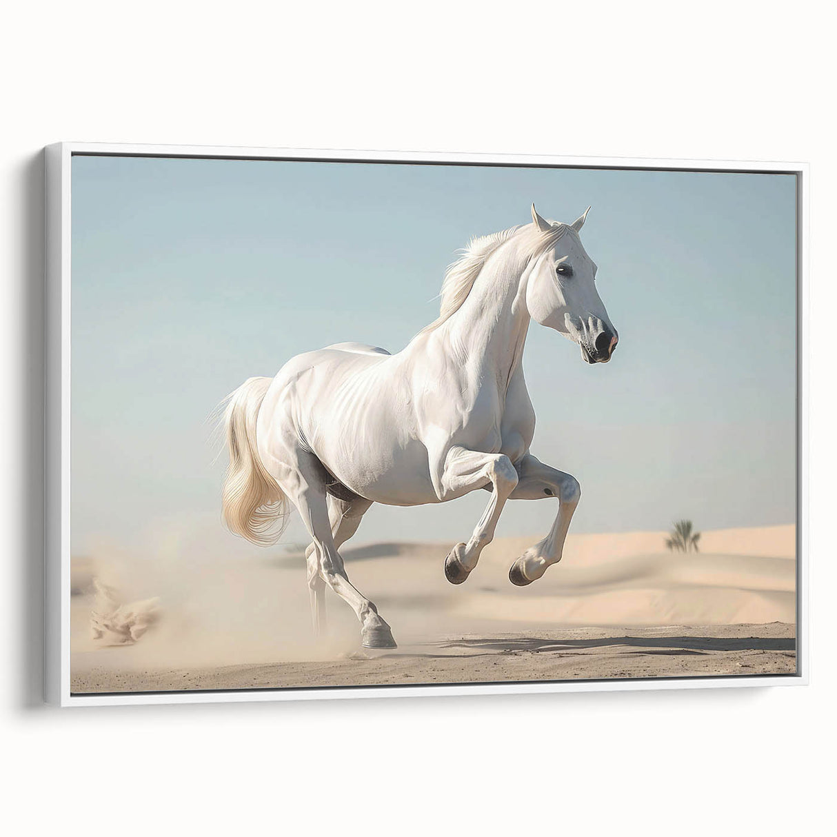 Framed canvas wall art featuring a side view of a majestic horse design, showcasing intricate details and a white frame, perfect for equine enthusiasts.