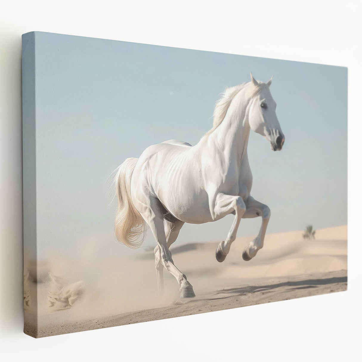 Stretched canvas wall art featuring a side view of a majestic horse in a natural setting, showcasing intricate details and vibrant colors, perfect for animal lovers.