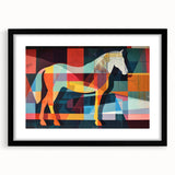 Black-framed wall art showcasing a stunning design of a wild horse, featuring intricate details and vibrant colors, perfect for animal lovers and home decor enthusiasts.