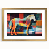 Elegant framed wall art featuring a striking gold mat and a beautifully designed horse illustration, perfect for animal lovers and home decor enthusiasts.