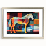 Framed wall art featuring a silver mat and a beautiful horse design, showcasing intricate details and vibrant colors, perfect for enhancing any living space.