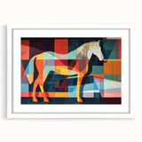 Framed wall art featuring a wild horse design in a white mat, showcasing intricate details and vibrant colors, perfect for animal lovers and home decor enthusiasts.