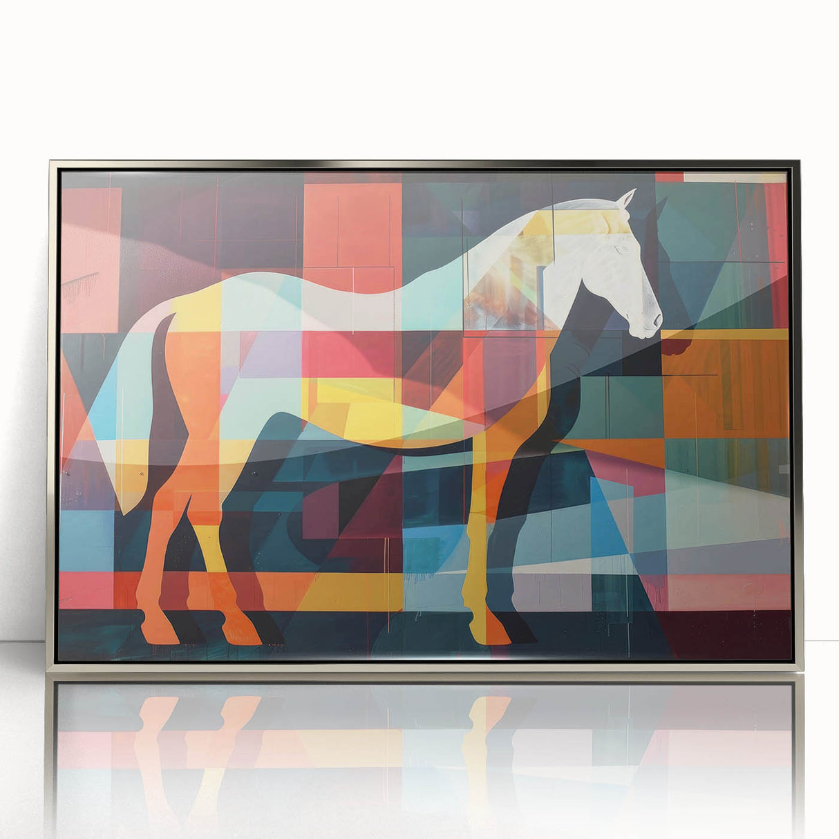 Framed wall art featuring a striking horse design in silver acrylic, showcasing intricate details and a sleek front view, perfect for animal lovers and home decor.