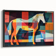 Framed wall art featuring a side view of a majestic black horse design, set against a sleek black background, perfect for animal lovers and modern decor enthusiasts.