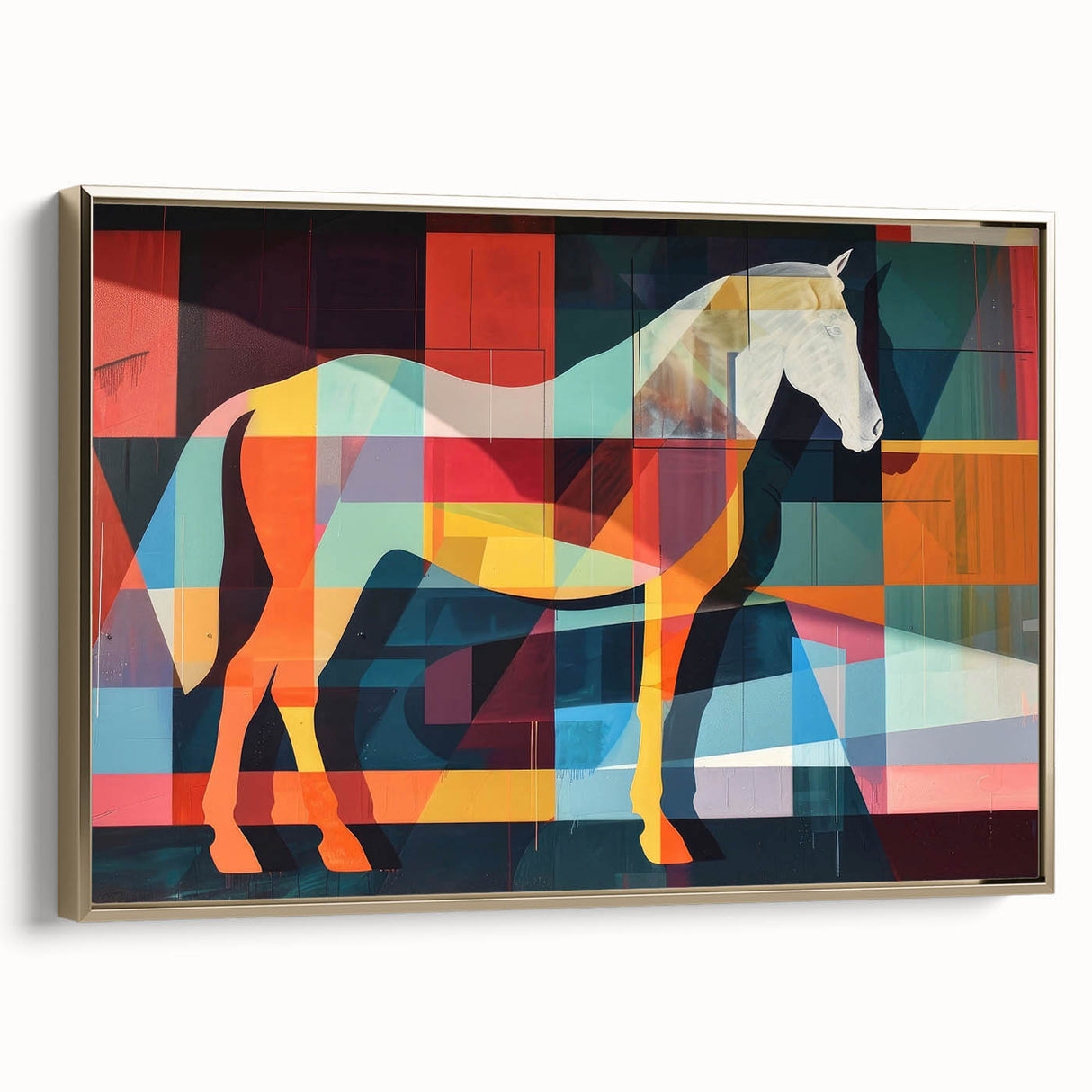 Framed wall art featuring a majestic horse design in gold tones, showcasing intricate details and textures, perfect for adding elegance to home decor.