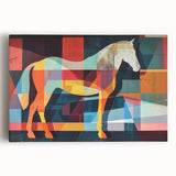 Stretched canvas wall art featuring a striking horse design in vibrant colors, showcasing dynamic movement against a soft, blurred background, perfect for equestrian decor.