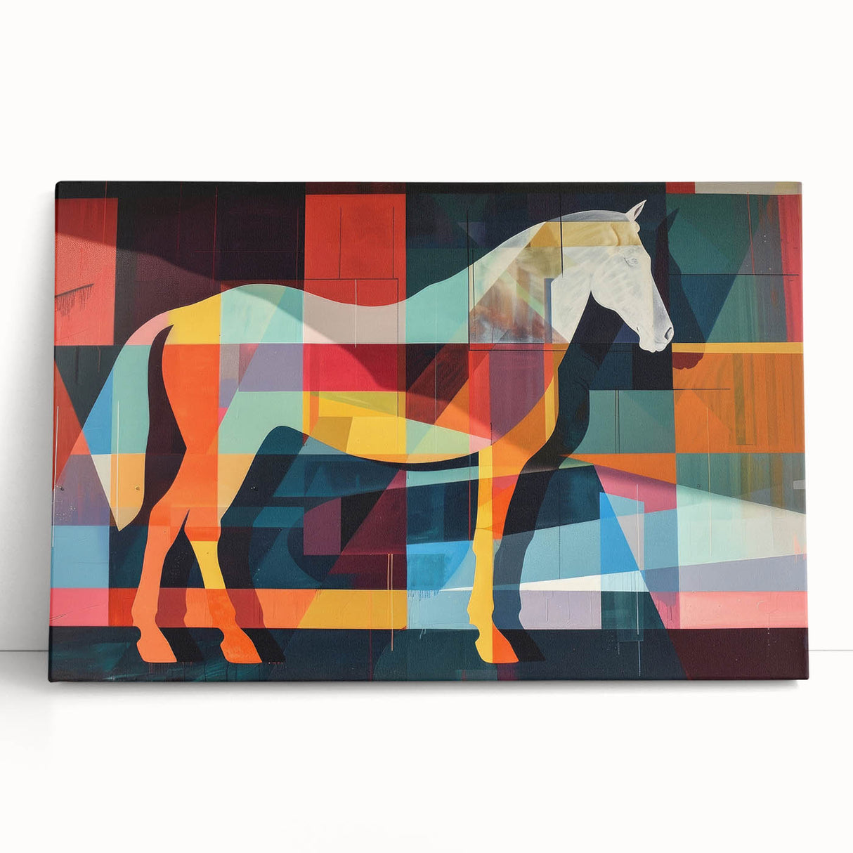 Stretched canvas wall art featuring a majestic horse in a wild landscape, showcasing vibrant colors and intricate details, perfect for animal lovers and home decor.