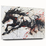 Acrylic glass wall art featuring a wild horse design, showcasing vibrant colors and intricate details. The piece is elegantly displayed with decorative pins, enhancing its artistic appeal. Perfect for animal lovers and modern decor enthusiasts.