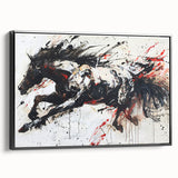 Framed canvas wall art depicting a majestic black horse in a side view, showcasing intricate details and vibrant colors, ideal for animal lovers and home decor enthusiasts.