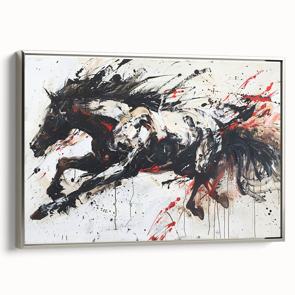 Framed canvas wall art showcasing a majestic silver horse in a wild landscape, highlighting intricate details and vibrant colors, ideal for animal lovers' home decor.