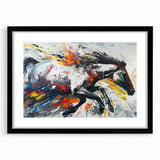 Elegant black-framed wall art collection featuring a detailed horse design, showcasing vibrant colors and intricate textures, perfect for animal lovers' home decor.