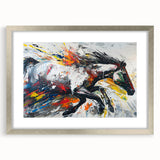 Framed wall art featuring a sleek silver design showcasing a majestic horse in a wild landscape, perfect for animal lovers and home decor enthusiasts.