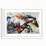 Framed wall art collection featuring a striking horse design in a minimalist white frame with a mat, perfect for enhancing modern home decor. Ideal for animal lovers and art enthusiasts, this piece combines elegance and nature, showcasing vibrant colors and intricate details in the horse illustration.