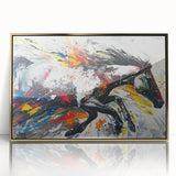 Framed wall art featuring a striking horse design in gold accents, showcasing a front view of the majestic animal against a sleek backdrop, perfect for equestrian-themed decor.