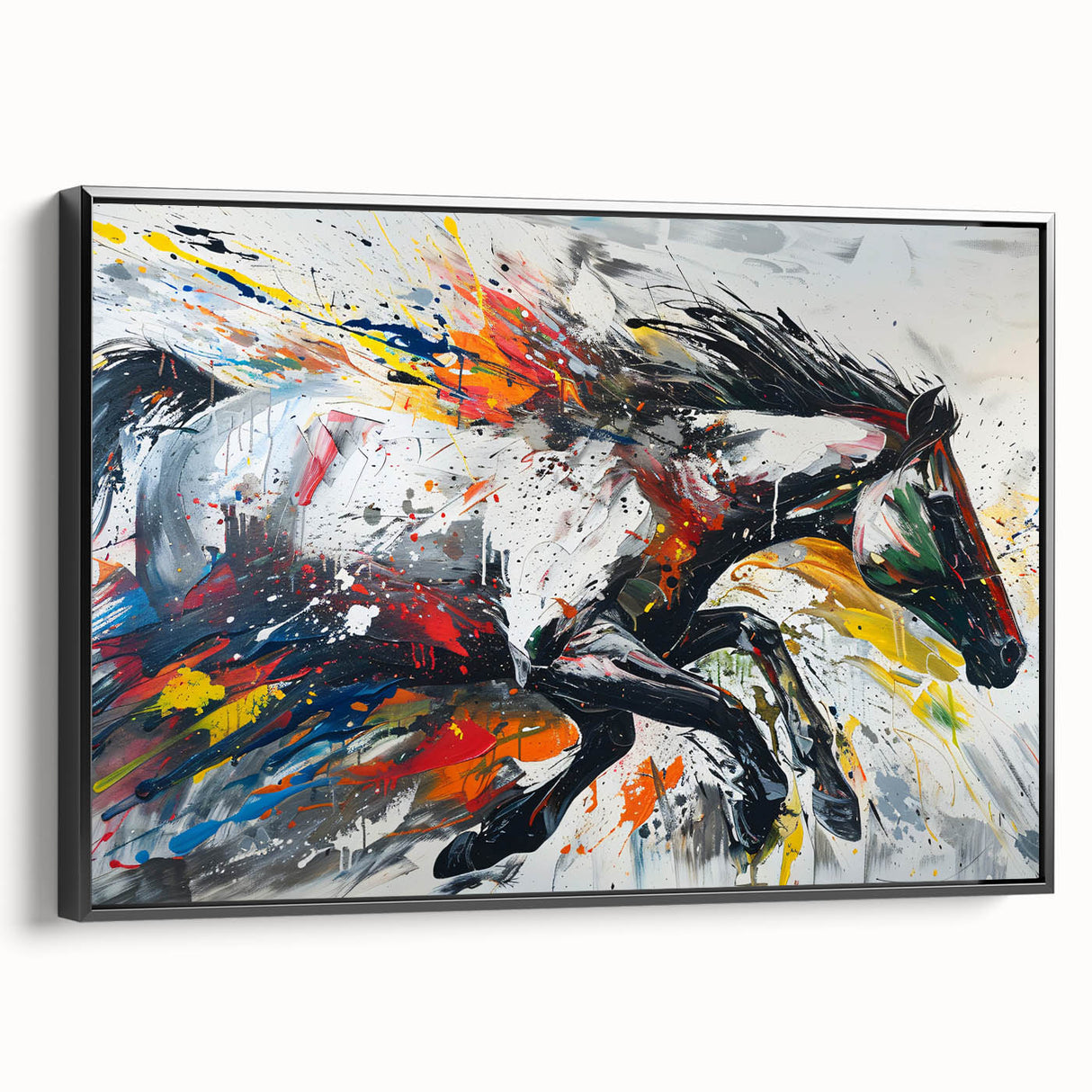 Framed canvas wall art showcasing a stunning side view of a wild horse in a natural setting, featuring rich colors and intricate details, perfect for animal lovers.