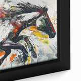 Close-up of a framed canvas wall art featuring a majestic wild horse in a natural setting, showcasing intricate details and vibrant colors, perfect for animal lovers and home decor enthusiasts.