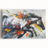 Stretched canvas wall art showcasing a majestic horse in a vibrant, wild landscape, perfect for animal lovers and equestrian decor enthusiasts.