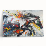 Stretched canvas wall art featuring a vibrant horse design in a wild landscape, showcasing rich colors and intricate details, perfect for equine enthusiasts' decor.