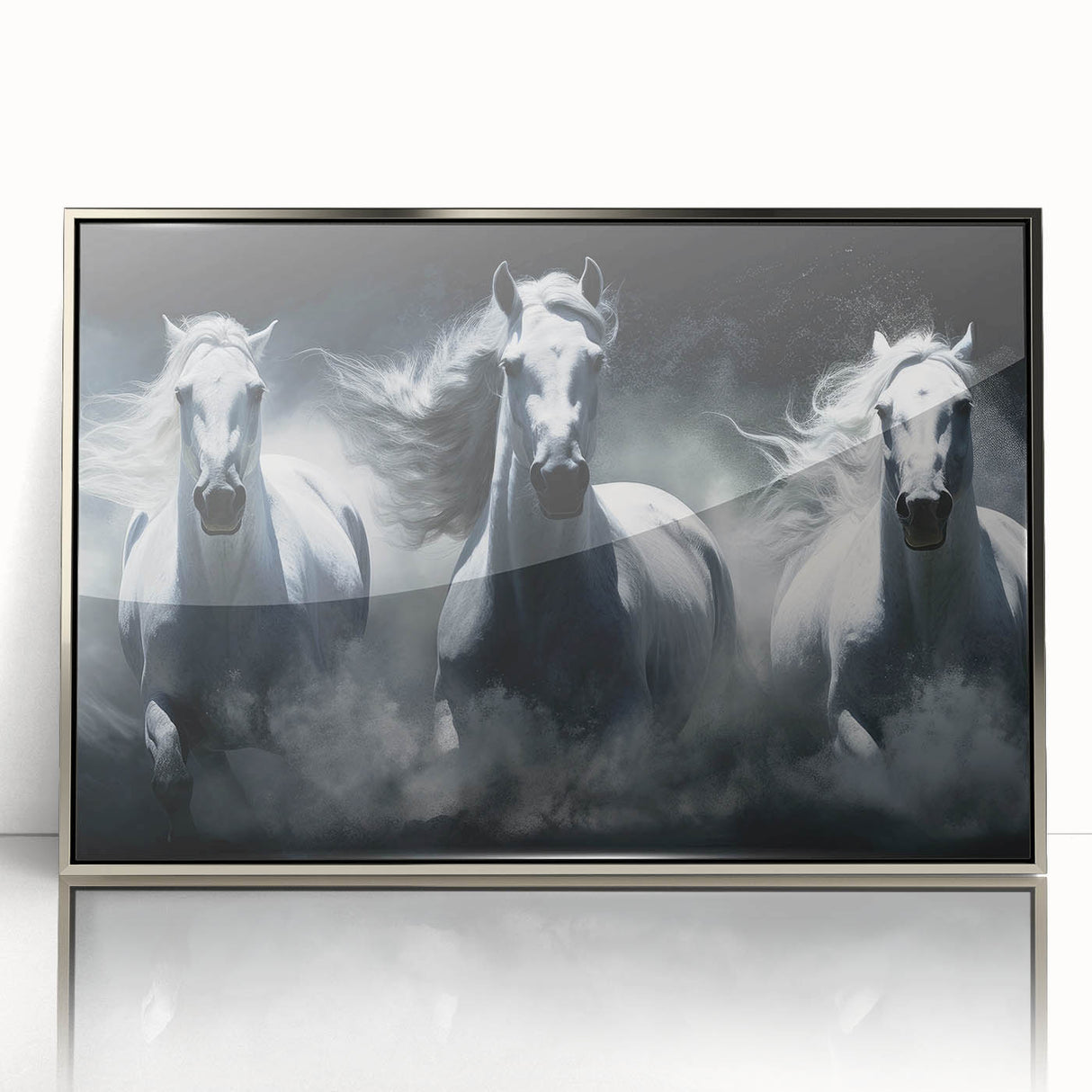 Framed wall art featuring a striking silver-accented horse design, showcasing intricate details and vibrant colors, perfect for animal lovers and home decor enthusiasts.